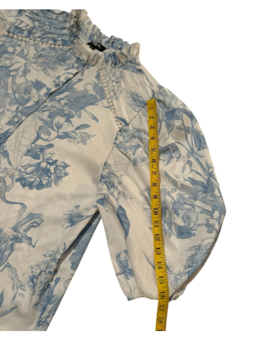 AVE Linen Floral Blouse Womens XL Ruffle Collar Covered Buttons Balloon Sleeves - Picture 11 of 17